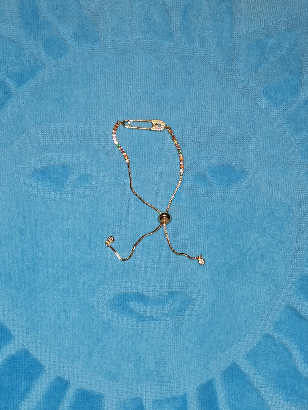 NEW CZ Gold Plated Multicolor Safety Pin Adjustable Slide Tennis Bracelet - Picture 3 of 8